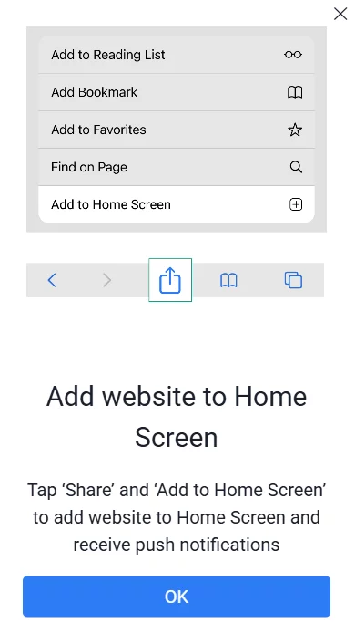 pop-up - add website to home screen on ios - allow web push notifications
